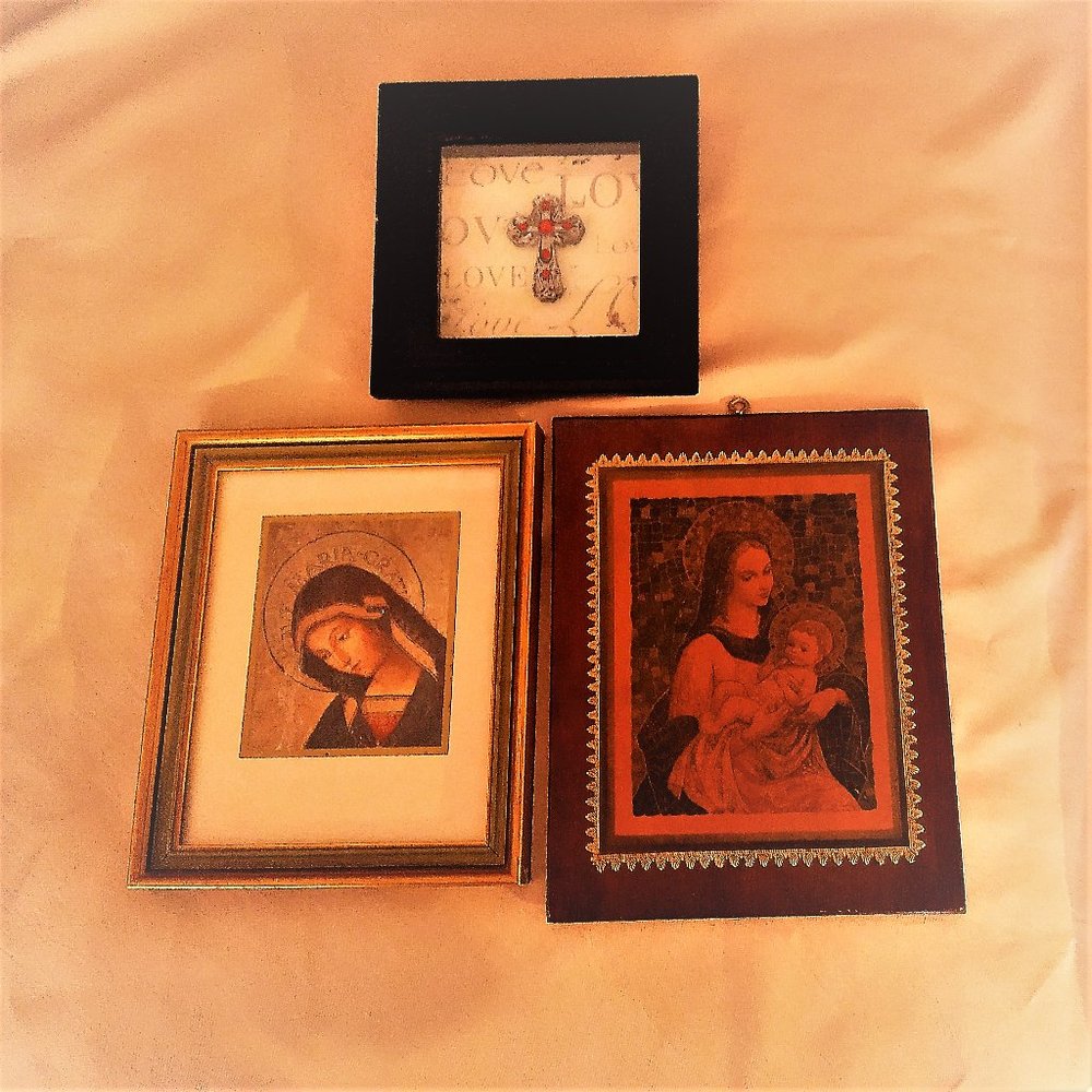 Vntg Lot 3 Madonna, Ave Maria Gratia Plena & Love Cross Shadow Box Black Frame